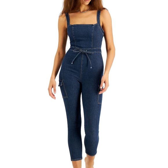 Tinseltown Women's Juniors' Belted Denim Jumpsuit with Ruffle Blue B4HP - Picture 1 of 1